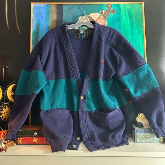 Vintage 80s 90s Classic Navy and Teal Cardigan by Knights Of Round Table Size M - Picture 6 of 15